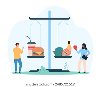 Healthy vs unhealthy food choice, balance of calories in menu. Tiny people choose between fast food snacks and fish with vegetables, weigh bad and good nutrition on scales cartoon vector illustration