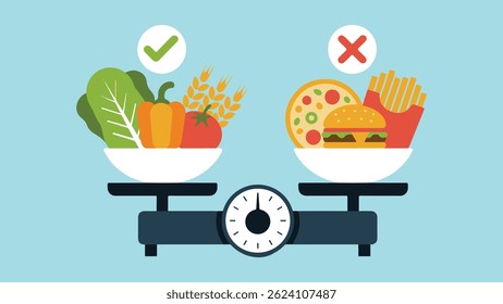 Ilustração de escolha de alimentos saudáveis vs não saudáveis - Design de vetor plano de equilíbrio de escala com produtos frescos e fast food, conceito de decisões de nutrição e estilo de vida.
