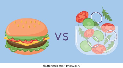 Healthy Vs Unhealthy Food. Concept Of Choice Between Good And Bad Nutrition. Vector Illustration.