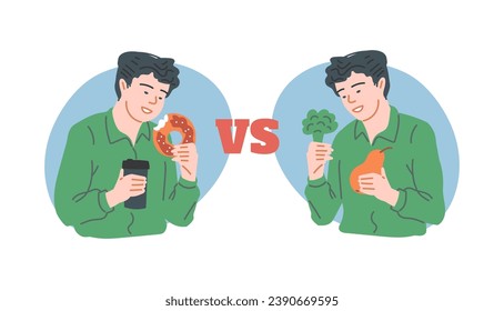 Healthy vs unhealthy food. Concept of choice between good and bad nutrition. Cartoon vector character with caloric and dietary snack. Fast food, sweet and fat eating versus natural vegetables, fruits