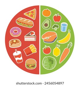 Comida sana vs poco saludable. Concepto de elección entre comida rápida vs comparación de menú balanceado. Concepto de comida saludable vs poco saludable.