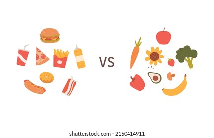 Healthy Vs Unhealthy Food. Fast Or Organic Food Concept.Vector Illustration Colored Flat Style.