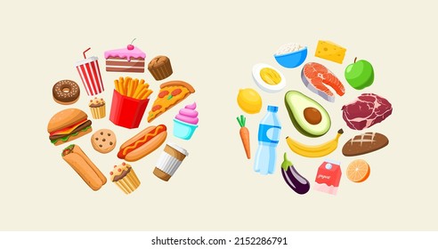 Ilustración vectorial plana de alimentos sanos frente a insalubres. Comida rápida y comida saludable en círculos. Pizza, donut, hamburguesa, aguacate, agua, verduras y frutas. 