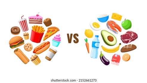 Healthy vs unhealthy food flat vector illustration. Fast food versus healthy food in circles. On white background