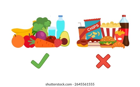 Comida saudável vs não saudável na ilustração vetorial de design plano. Coma de forma saudável. Evite Fast food. Comida sem qualidade versus comida saudável.