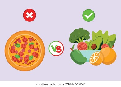 Healthy vs unhealthy food. food nutrition concept. Colored flat vector illustration isolated.