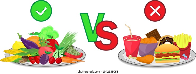 Healthy vs unhealthy food vector illustration. Diet concept with fresh fruits and vegetables versus fast food junk food. Choosing between natural aliments and unhealthy lifestyle.