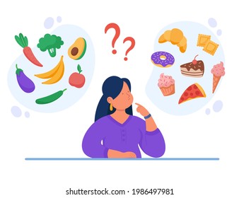 Healthy Vs Unhealthy Food Vector Flat Illustration. Woman Thinking Over Junk Food And Organic Snack. Diet, Bad Or Good Choice Concept.