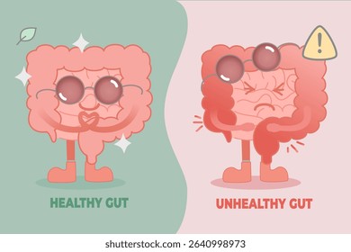 Healthy vs Unhealthy Gut Characters with Facial Expressions