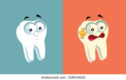 
Healthy vs Unhealthy Molar Tooth Vector Cartoon Illustration. Happy and unhappy teeth oral health concept design
