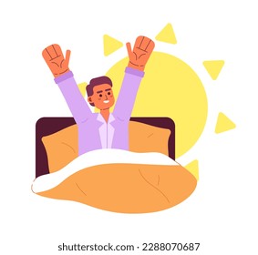 Healthy wake up routine flat concept vector spot illustration. Editable 2D cartoon character on white for web UI design. Stretching in bed creative hero image for website landings, mobile headers