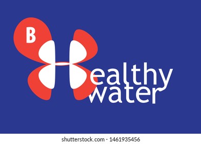 Healthy water logo deign. Vector. Illustration. Icon. Red and white color. Blue background. Packaging design. Sticker for bottle.