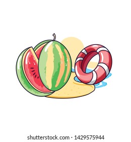 healthy watermelon fruit in the beach with float
