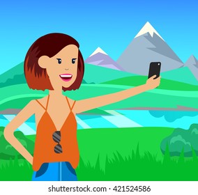 Healthy way of life. Sport monopod selfie in park. Exercise and run, active woman character, vector illustration