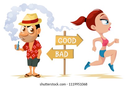 Healthy way of life and unhealthy way of life. Athletic woman running on the beach and funny holiday-maker smoking electronic cigarette. Cartoon styled vector illustration. Elements is grouped. 