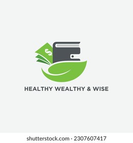 healthy, wealthy, wise icon logo vector, leaf, book, money