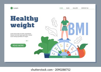 Healthy weight and BMI concept of web banner, flat cartoon vector illustration. Body mass index measurement web page or site interface with female character.