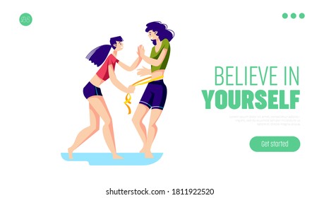 Healthy weight loss landing page design with happy slim girls measuring waist. Nutrition, diet, fitness and exercise concept. Template cartoon vector illustration