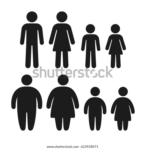 Healthy weight and obese people icon set. Man,\
woman and children, overweight family problem. Simple flat vector\
symbols.