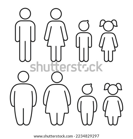 Healthy weight and overweight people figure set. Fat man, woman and children, plus size symbol. Simple vector line icon.