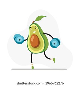 Healthy weightlifting avocado, vector exercise in gym, natural character do fitness and workout illustration. Avocado squishmallow with dumbbell, fitness character