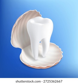 Healthy white human tooth in a seashell. Vector illustration.