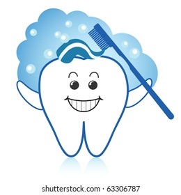 Healthy white tooth brushing itself with toothpaste and toothbrush.