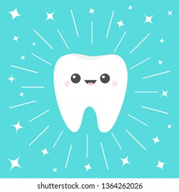 Healthy white tooth icon. Cute cartoon kawaii smiling funny face character. Round line circle. Oral dental hygiene. Children teeth care. Shining effect sparkle stars Flat design Blue background Vector