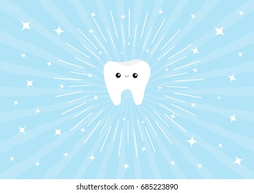 Healthy white tooth icon with happy smiling face and eyes. Cute cartoon character. Round line circle Children teeth care Oral dental hygiene. Shining effect stars. Blue background. Flat design. Vector