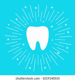 Healthy white tooth icon. Round line circle. Oral dental hygiene. Children teeth care. Shining effect stars. Whitening Blue bright background. Flat design. Isolated. Vector illustration