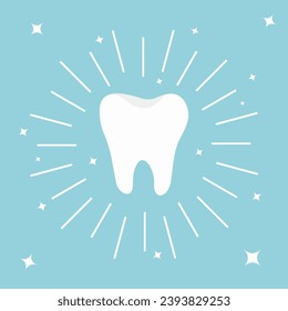 Icono de diente blanco saludable. Círculo de línea redonda. Efecto brillante con las estrellas. Higiene dental oral. Los dientes de los niños se preocupan. Fondo azul. Aislado. Diseño plano. Ilustración del vector