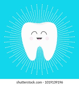 Healthy white tooth icon with smiling face. Cute cartoon character. Dash line round circle. Oral dental hygiene. Children teeth care. Shining effect stars. Bright blue background. Flat design. Vector