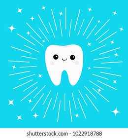 Healthy white tooth icon with smiling face. Cute cartoon character. Round line circle. Oral dental hygiene. Children teeth care. Shining effect stars. Bright blue background. Flat design. Vector