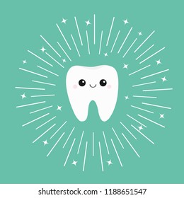 Healthy white tooth icon with smiling face. Children teeth care. Shining effect stars. Cute cartoon character. Round line circle. Oral dental hygiene. Bright green background. Flat design. Vector