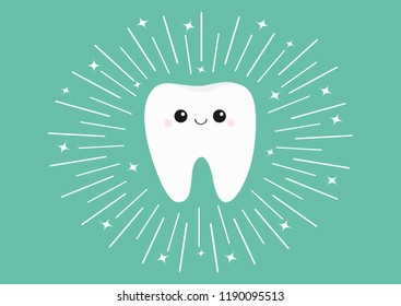Healthy white tooth icon with smiling face. Shining effect stars. Cute cartoon character. Round line circle. Oral dental hygiene. Children teeth care. Bright green background. Flat design. Vector