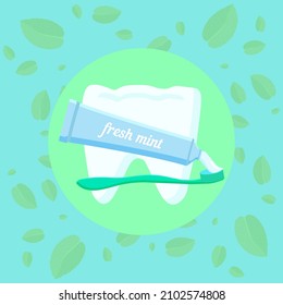 Healthy white tooth, mint leaves in the background, toothpaste being applied to the toothbrush. Vector illustration of world dentist day. To design an advertising poster for dental centers