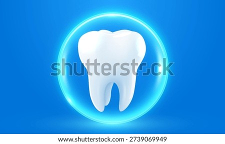 Healthy white tooth protected in a glowing blue sphere, symbolizing dental care and oral hygiene. Vector illustration