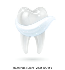 healthy white tooth with toothpaste on white background