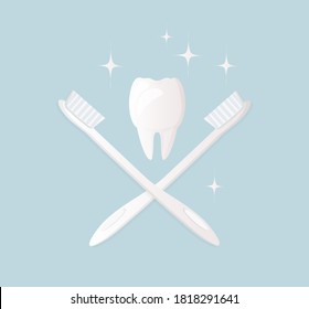 Healthy white tooth without damage and toothbrushes. Daily oral hygiene. Icon for dental clinic. Vector is a flat illustration