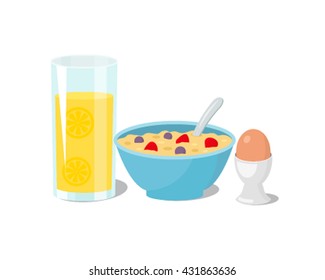 A healthy and wholesome breakfast. Fresh juice, oatmeal, egg. Flat vector illustration isolate on a white background