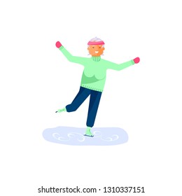 Healthy winter active lifestyle retired for grandparents. Elderly woman character skates. Seniora isolated on white background. Flat Art Vector illustration