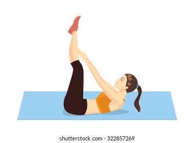 Healthy woman abdominal exercises with lying on floor and lifting hand touch her toe.