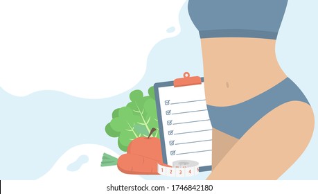 Healthy Woman Body With Diet Plan Checklist On Clipboard, Measuring Tape, Fruits And Vegetables. Healthy Diet, Weight Loss And Nutrition Consultation Concept. Flat Vector Illustration. Copy Space.