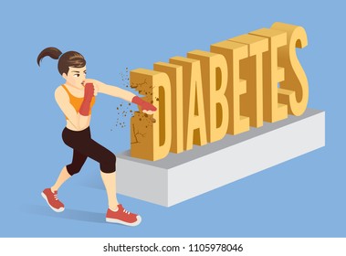 Healthy woman breaking the word Diabetes with punching. Conceptual illustration about workout for protection disease.