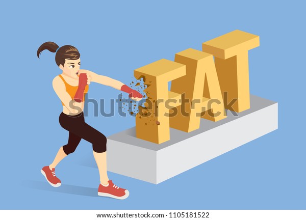 Healthy woman breaking the word fat with punching. Conceptual illustration about workout for reduce fat.