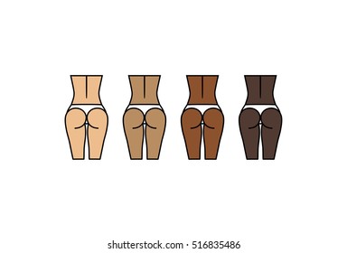 Healthy woman buttocks and backs. Different skin colors. Sport, fitness go squat and glute bridge