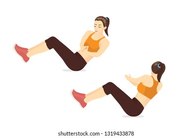 Healthy woman doing Abdominal workout with Russian twist position in 2 step on the floor. Illustration about no equipment exercise.