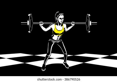 Healthy woman doing weight lifting exercises on checkered floor.This illustration about fitness and sport.