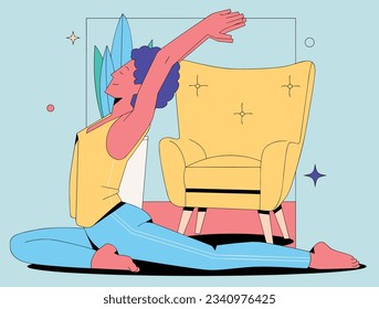 Healthy woman doing yoga position on home by the sofa vector illustration