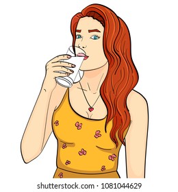 Healthy woman is drinking milk from a glass. isolated object on white background. Imitation comic style. Vector illustration